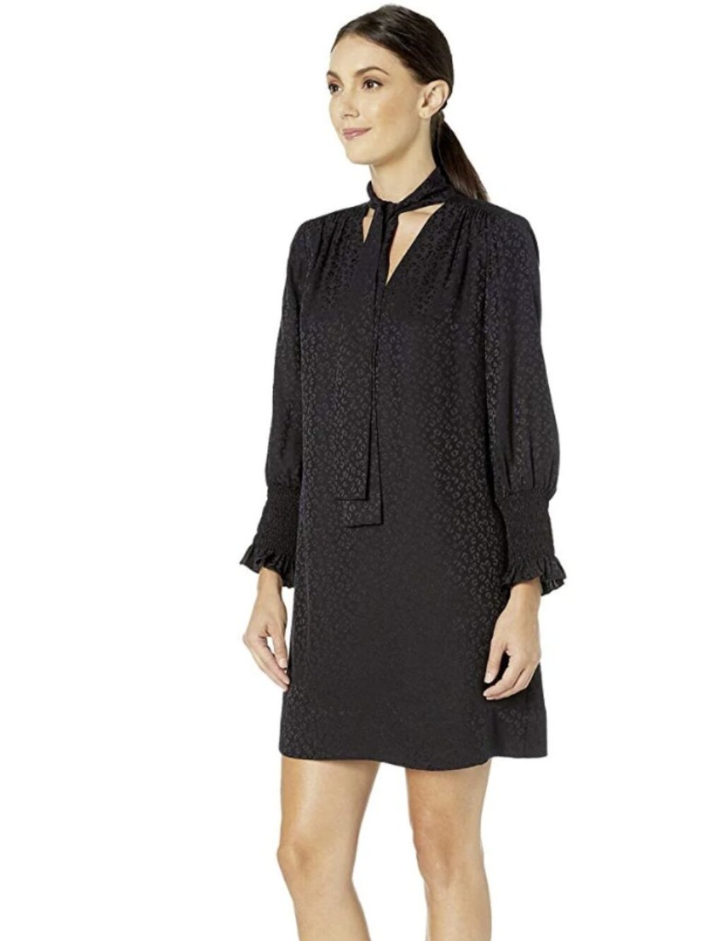 Rebecca Taylor Long Sleeve Cheetah Jacquard Tie Neck Dress Size Large 100% Silk